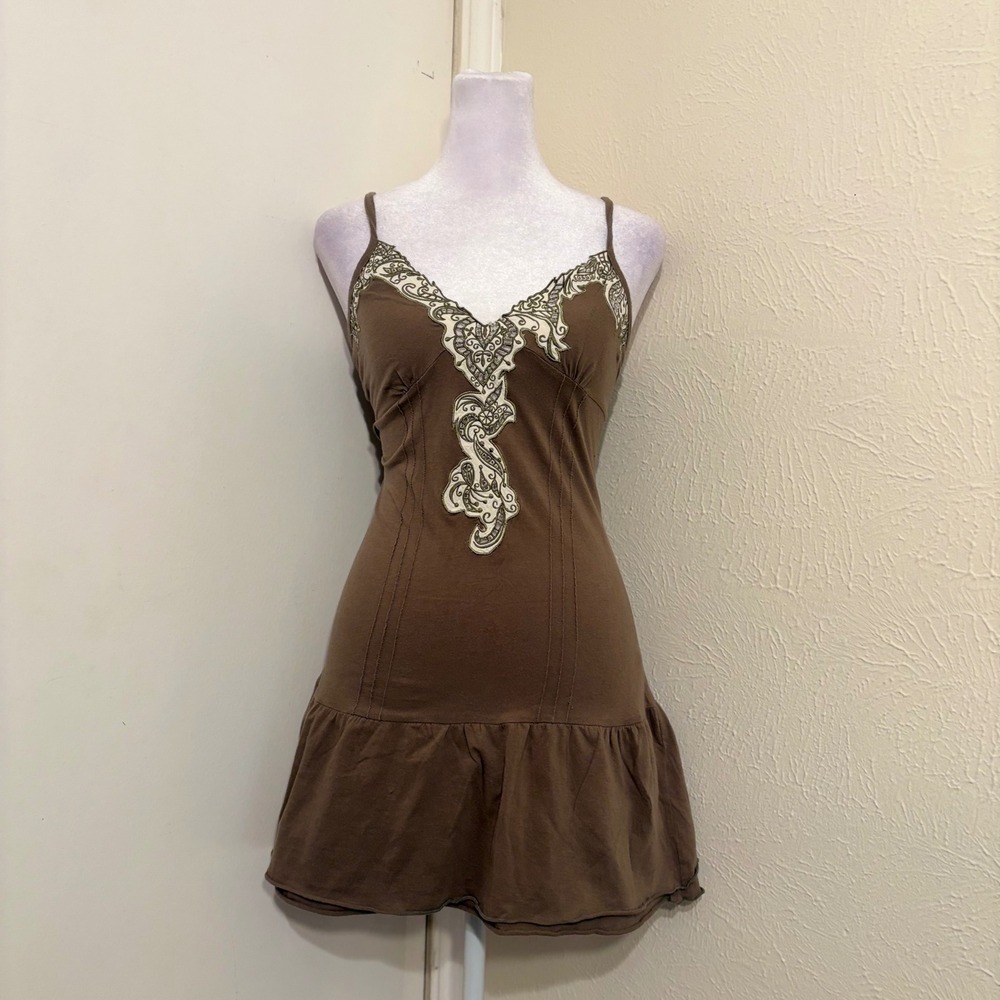 Khaki Green Brown Y2K Mini Dress Spaghetti Strap Ruffle Hem Indie Fairy Boho M